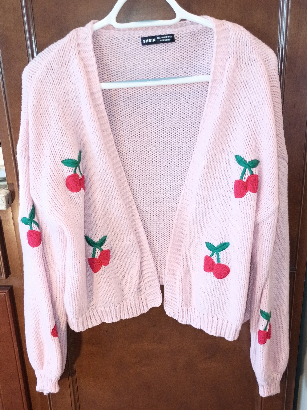 SHEIN Pink Cherry Embroidered Open Cardigan Sweater